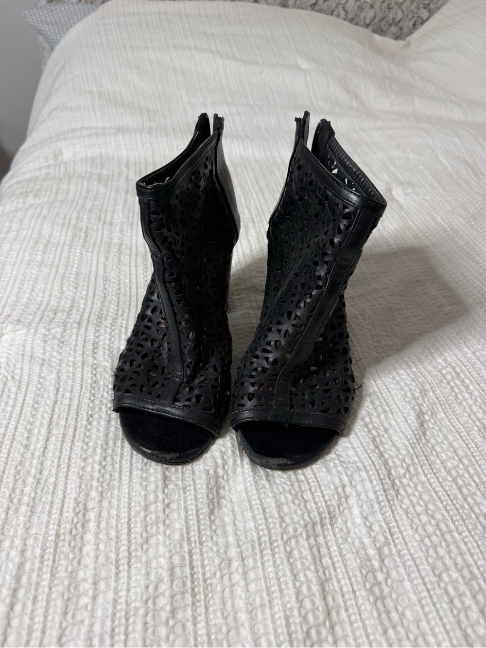 Report Black Laser-Cut Peep-Toe Heeled Booties